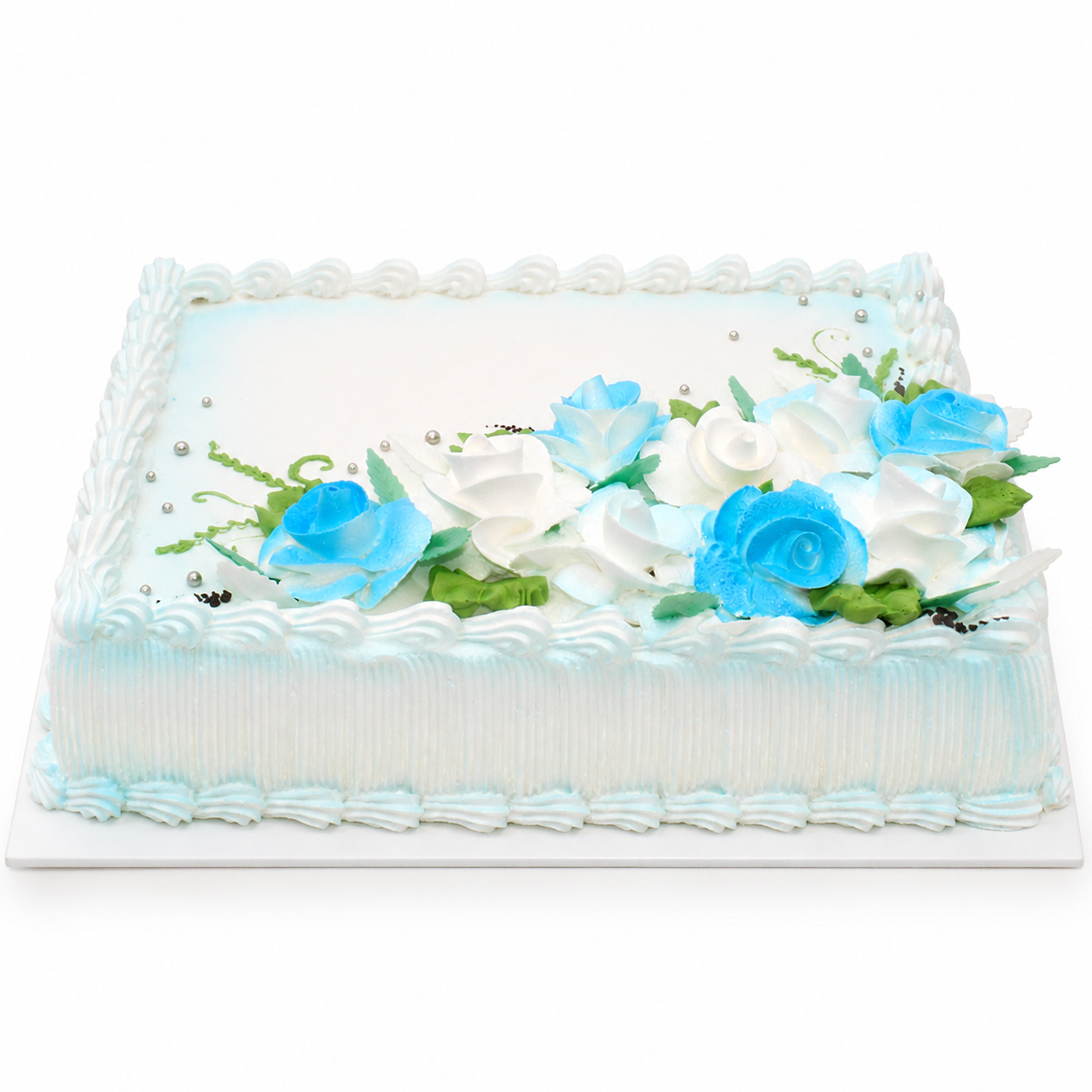 Torte mit blau-weißen Rosen